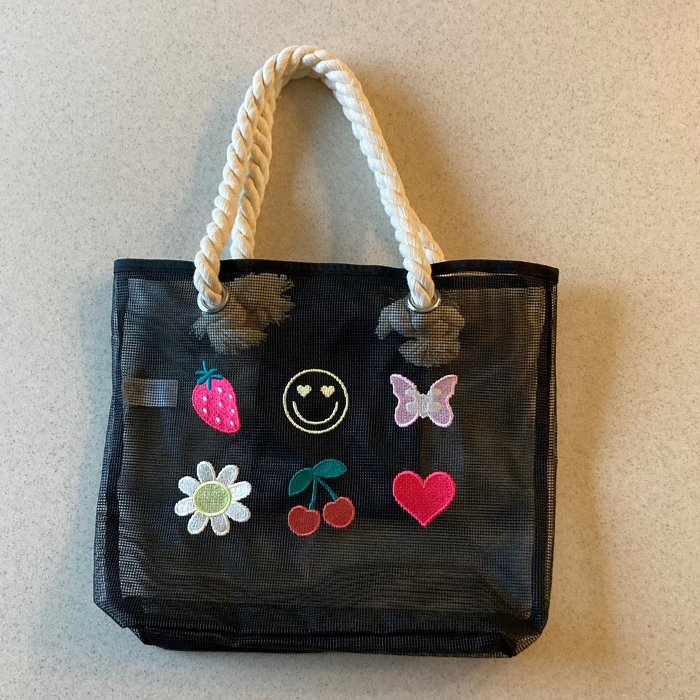 NWOT Black Mesh Tote w/Rope Handles and Colorful Patches - Picture 3 of 8